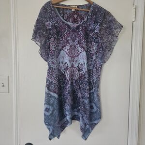 World Unity Womens Top XL Y2K Boho Lace Rhinestone Boho Asymmetric Hem Retro